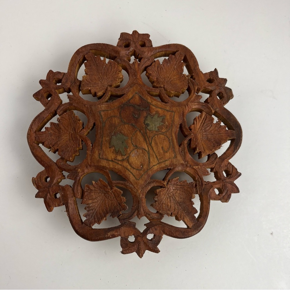 Hand Carved Floral Wooden Trivet India 6” Round Pedestal Ball Feet